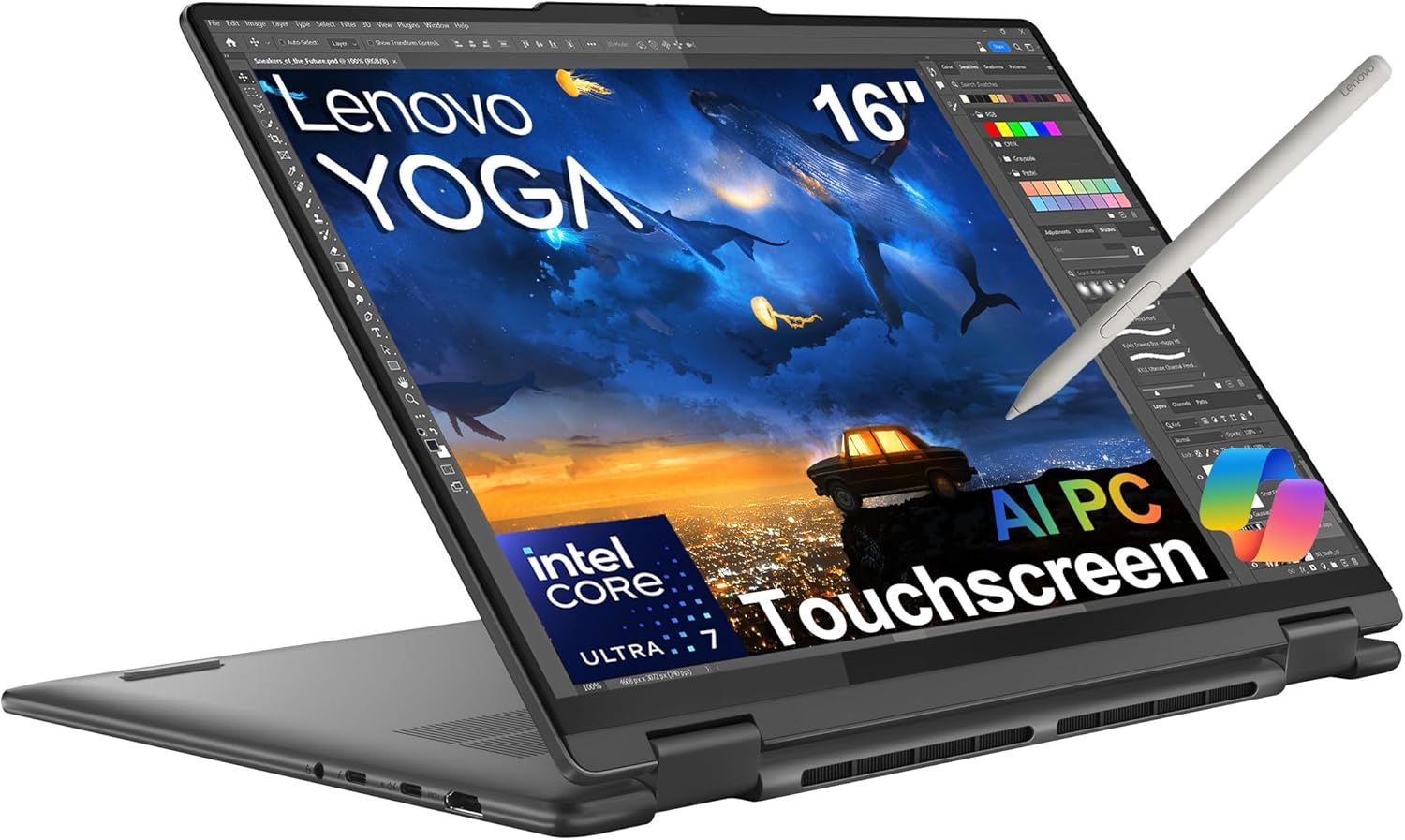 Intel Yoga 7i 16 2 in 1 Laptop on a wooden desk