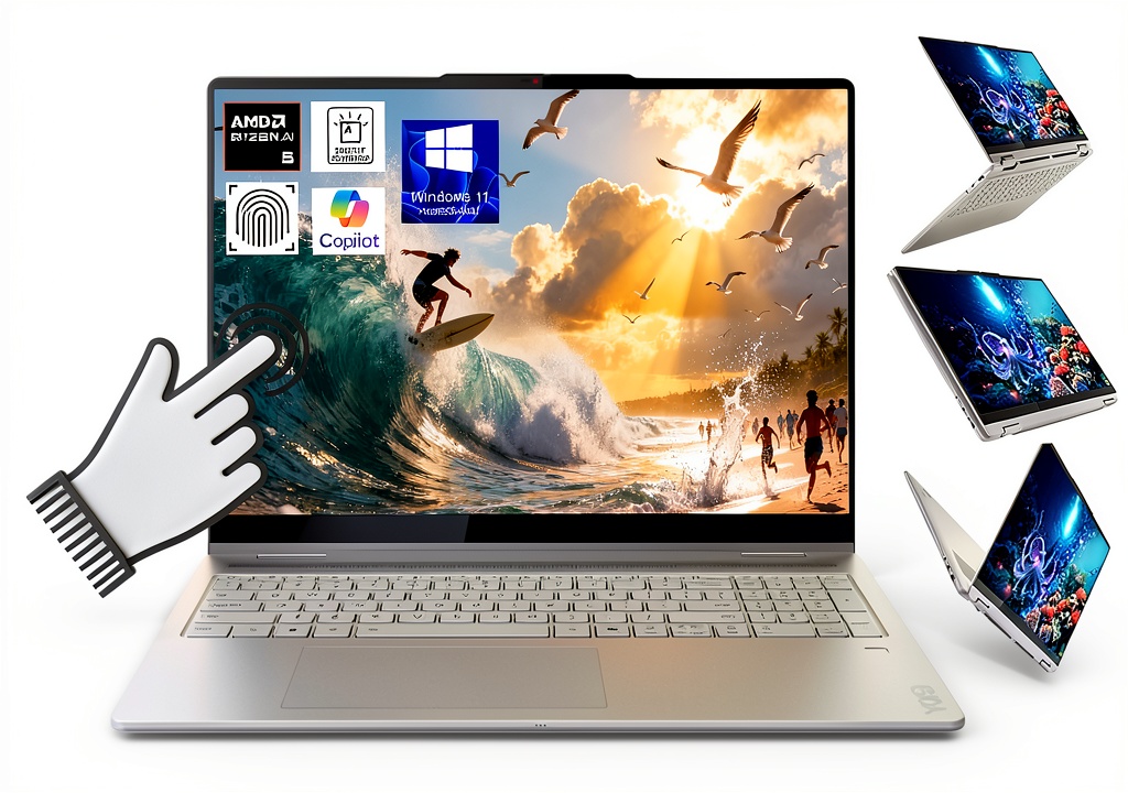 Lenovo laptop in tablet mode on a coffee shop table